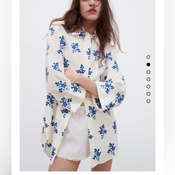 Zara White Button Down Embroidered Oversized Shirt Flowers Size Small - Picture 2 of 15
